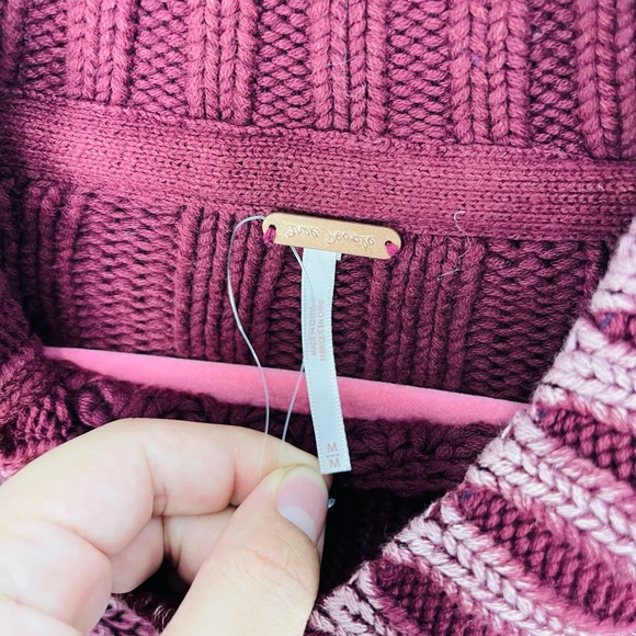 Free People Chunky Knit Sweetheart Sweater In Dark Wash Burgundy Red - Picture 4 of 8
